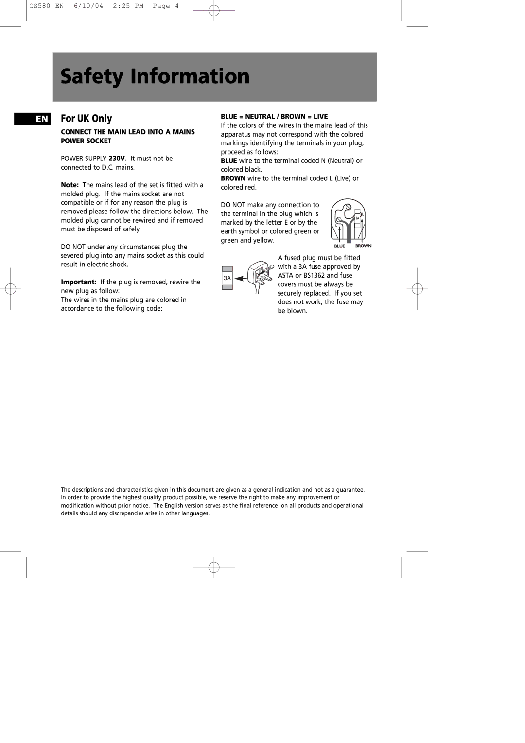 Technicolor - Thomson CS580 manual Safety Information, EN For UK Only 