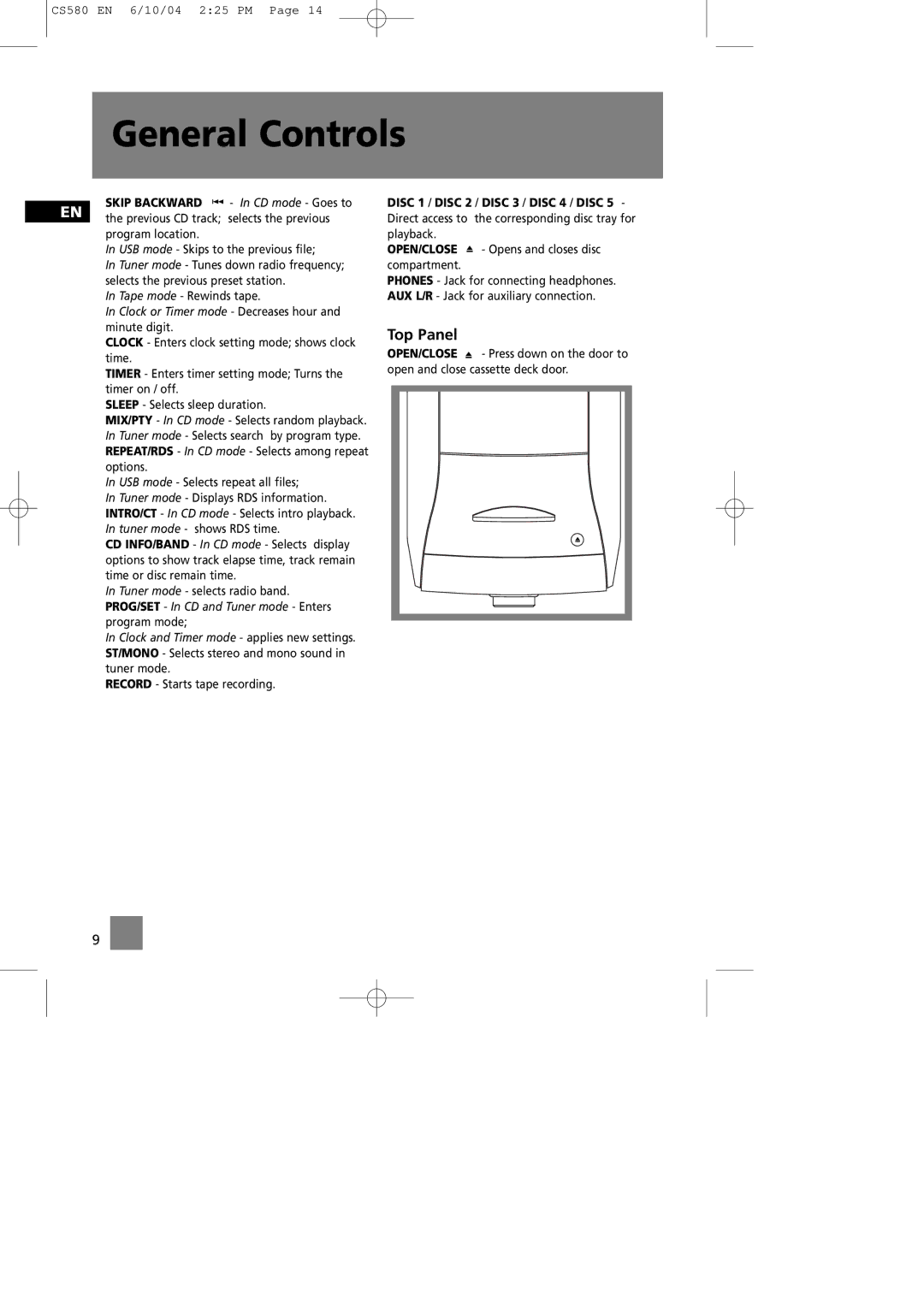 Technicolor - Thomson CS580 manual Top Panel, Skip Backward 