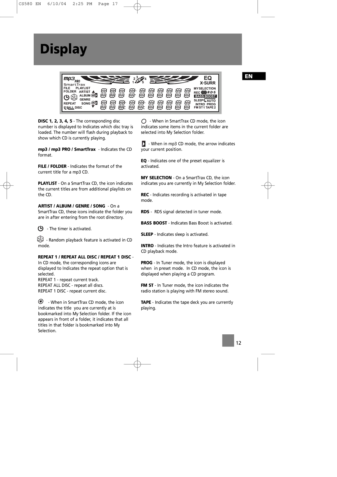 Technicolor - Thomson CS580 manual Display, Mp3 / mp3 PRO / SmartTrax Indicates the CD format 