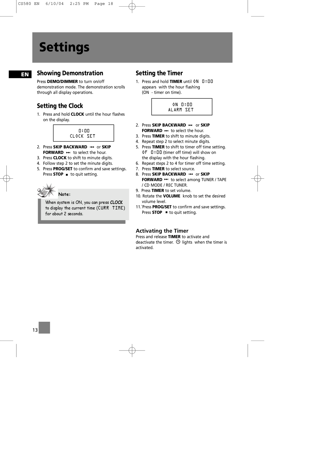 Technicolor - Thomson CS580 Settings, EN Showing Demonstration, Setting the Clock, Setting the Timer, Activating the Timer 