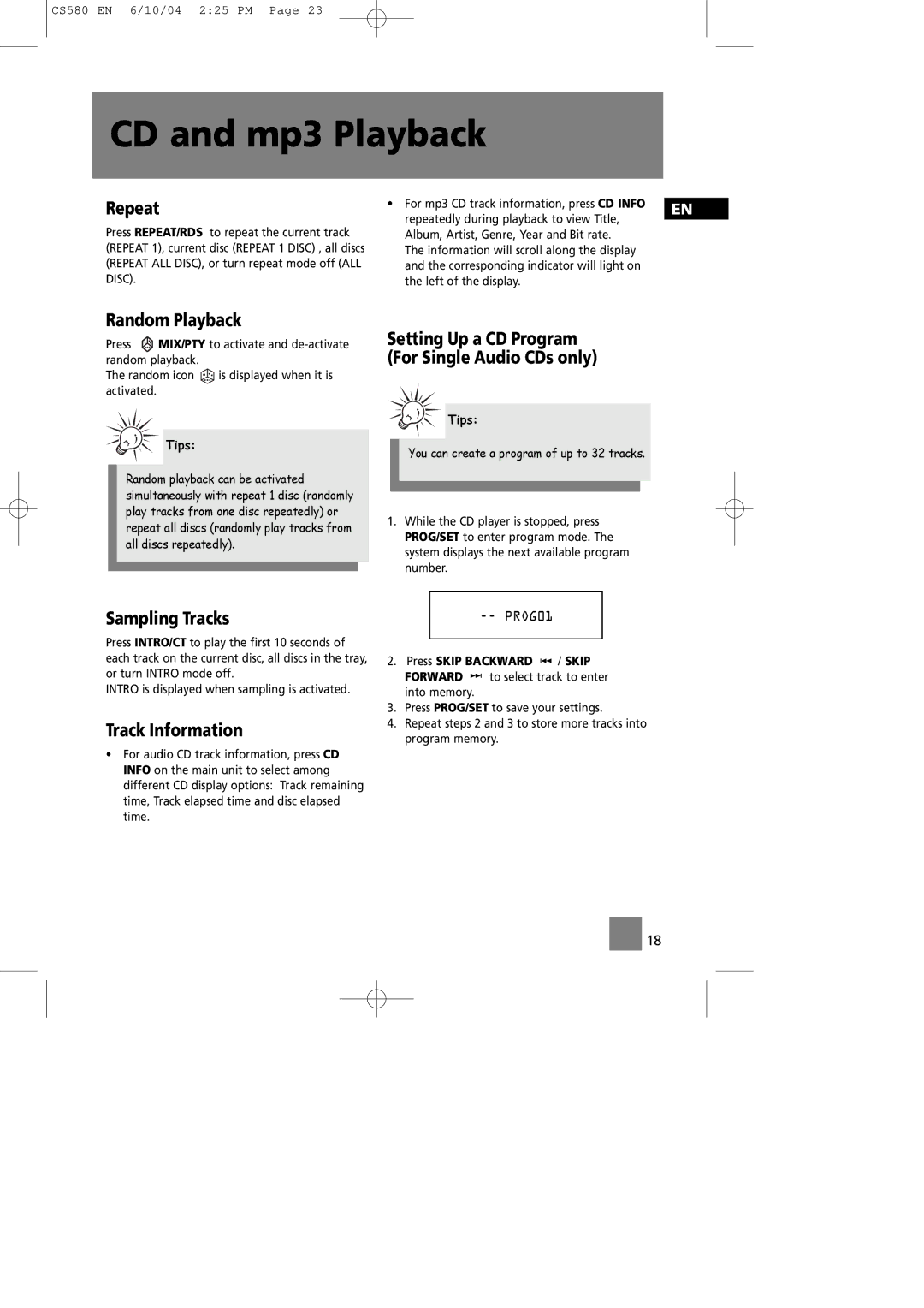 Technicolor - Thomson CS580 manual Repeat, Random Playback, Sampling Tracks, Track Information 