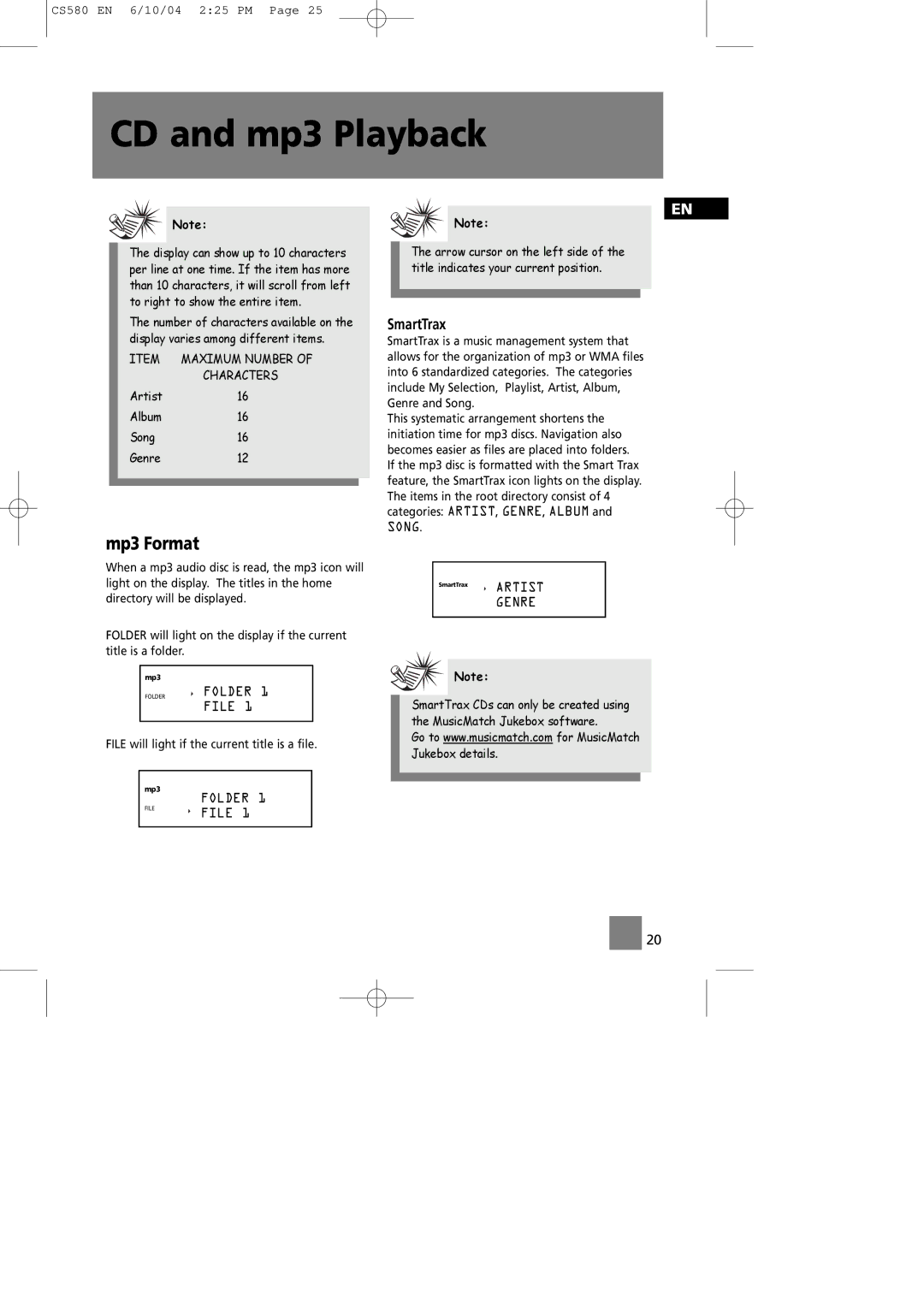 Technicolor - Thomson CS580 manual Mp3 Format, SmartTrax, Folder, File, Genre 