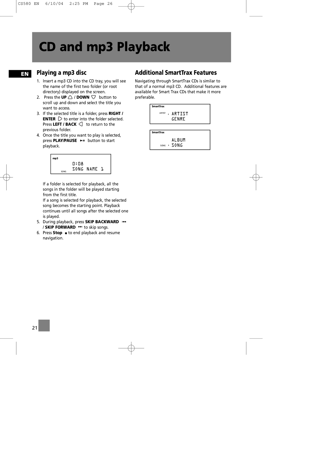 Technicolor - Thomson CS580 manual EN Playing a mp3 disc, Additional SmartTrax Features, Song Name, Album 