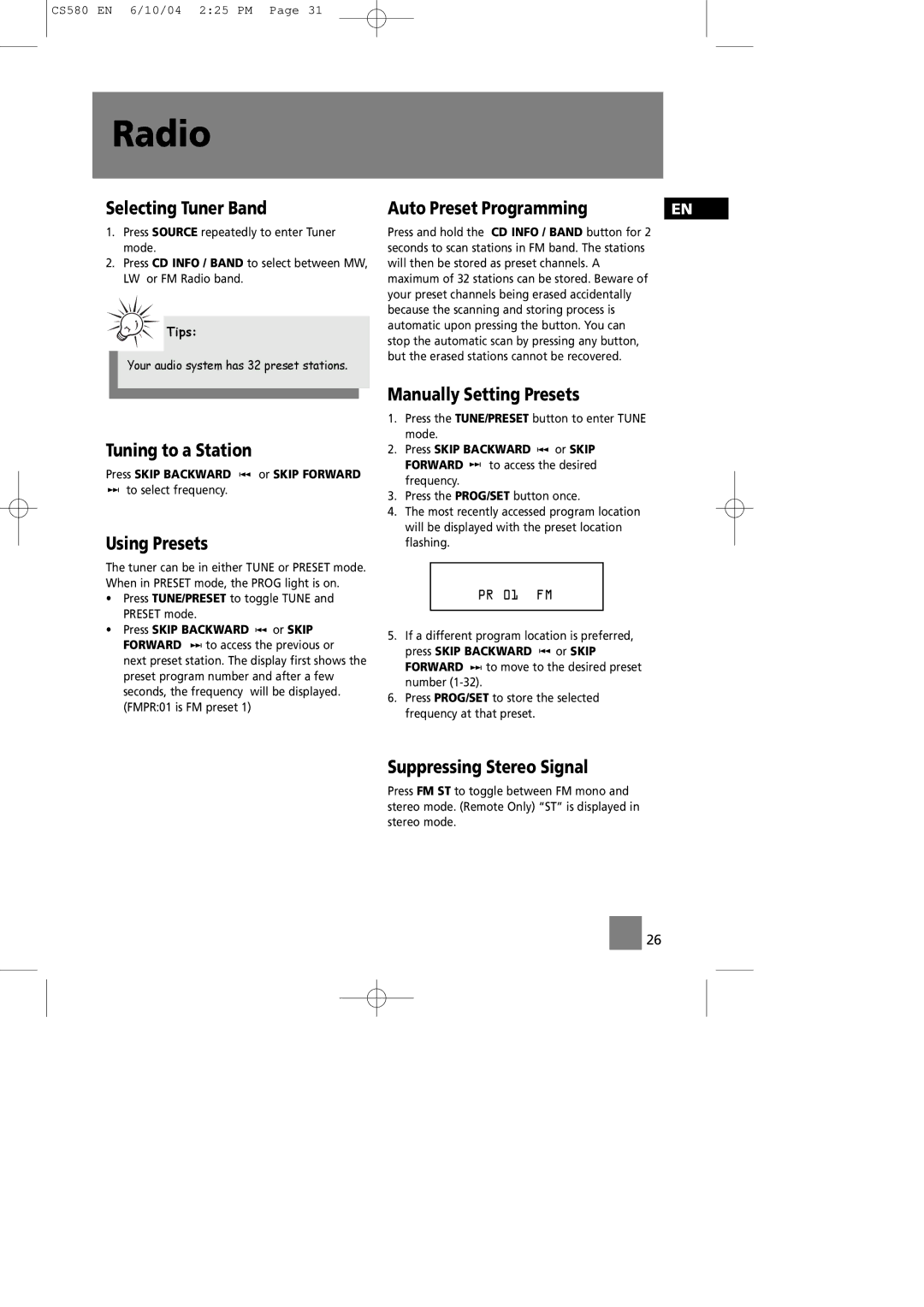 Technicolor - Thomson CS580 manual Radio, Auto Preset Programming 