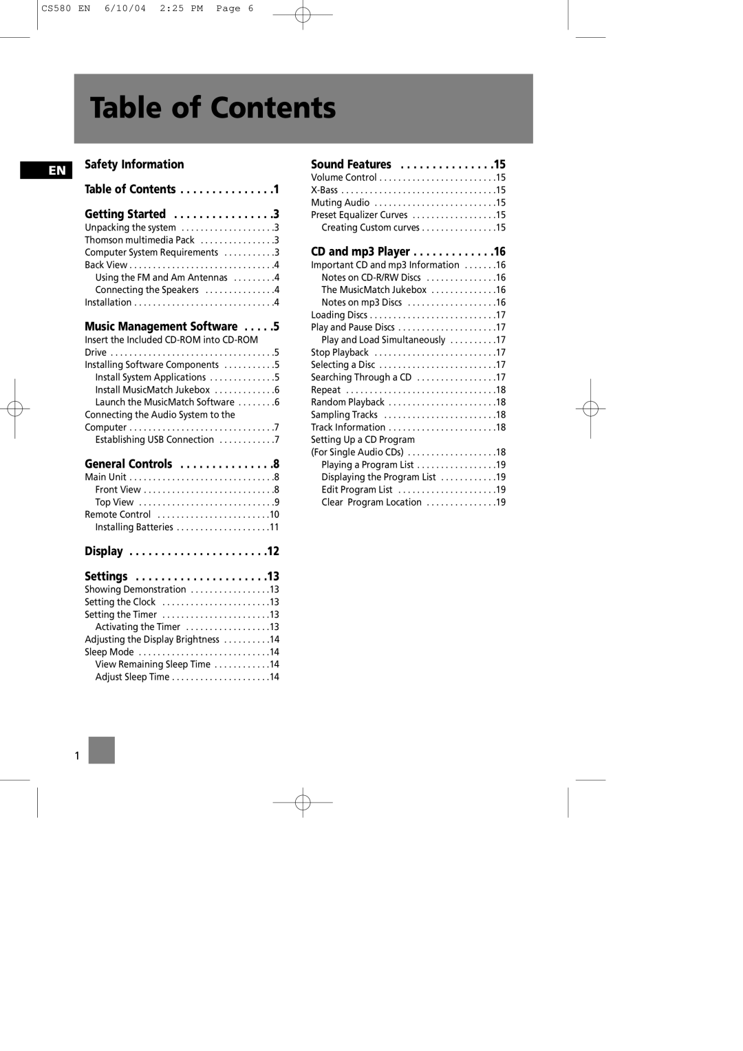 Technicolor - Thomson CS580 manual Table of Contents 