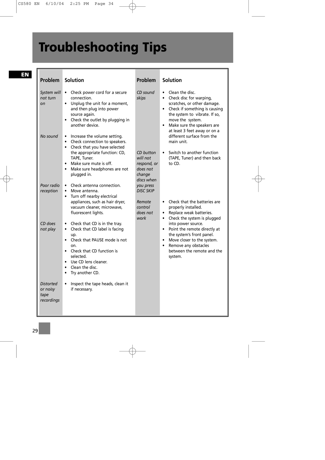 Technicolor - Thomson CS580 manual Troubleshooting Tips, Problem Solution 