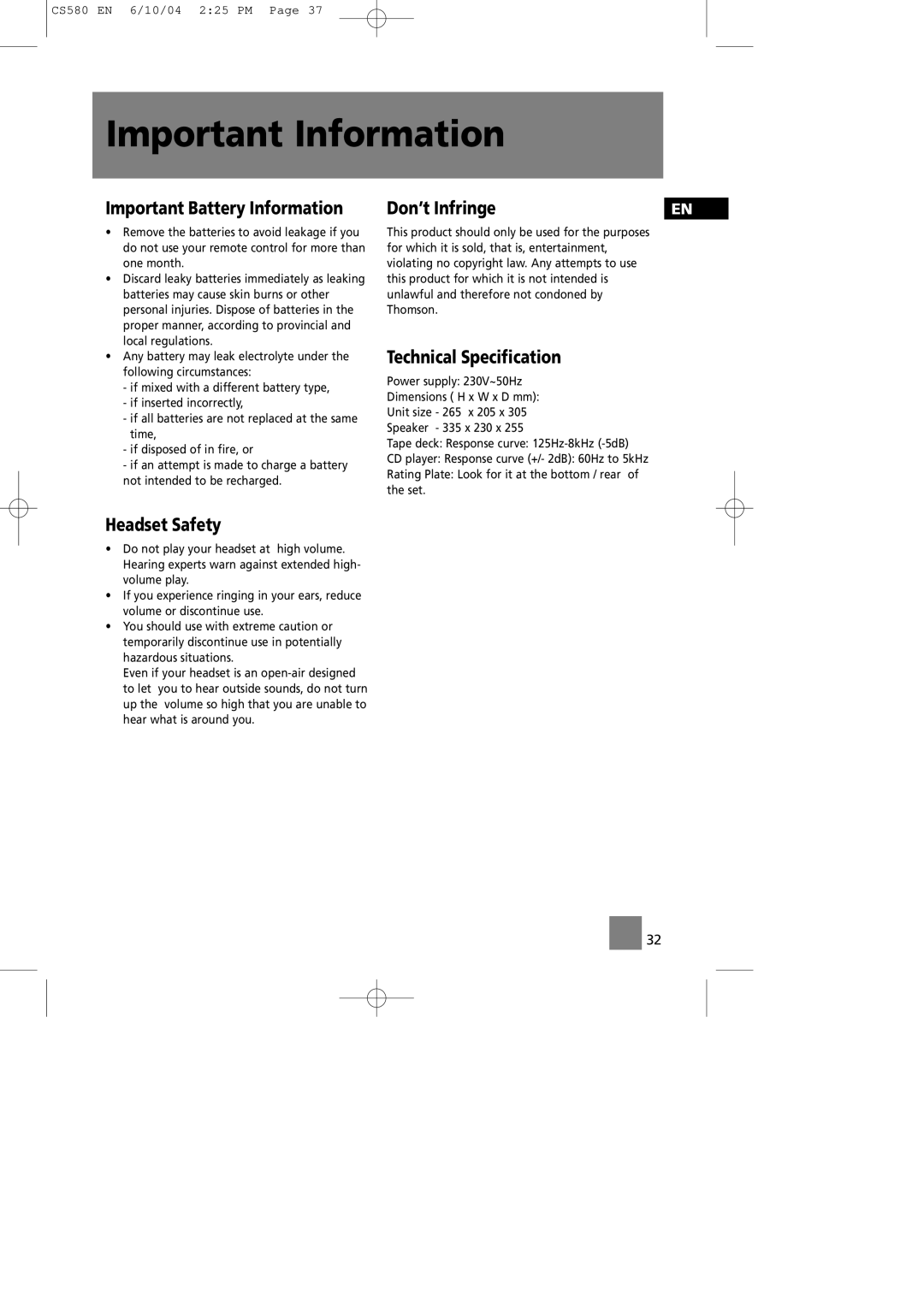 Technicolor - Thomson CS580 manual Important Battery Information, Don’t Infringe, Technical Specification, Headset Safety 