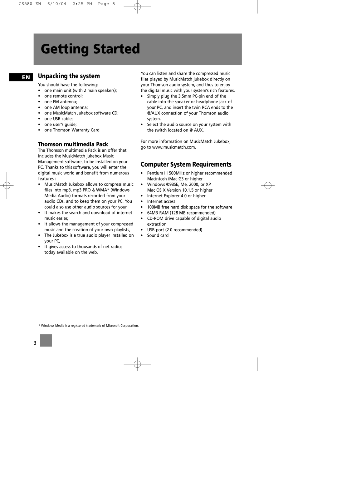 Technicolor - Thomson CS580 manual Getting Started, EN Unpacking the system, Computer System Requirements 