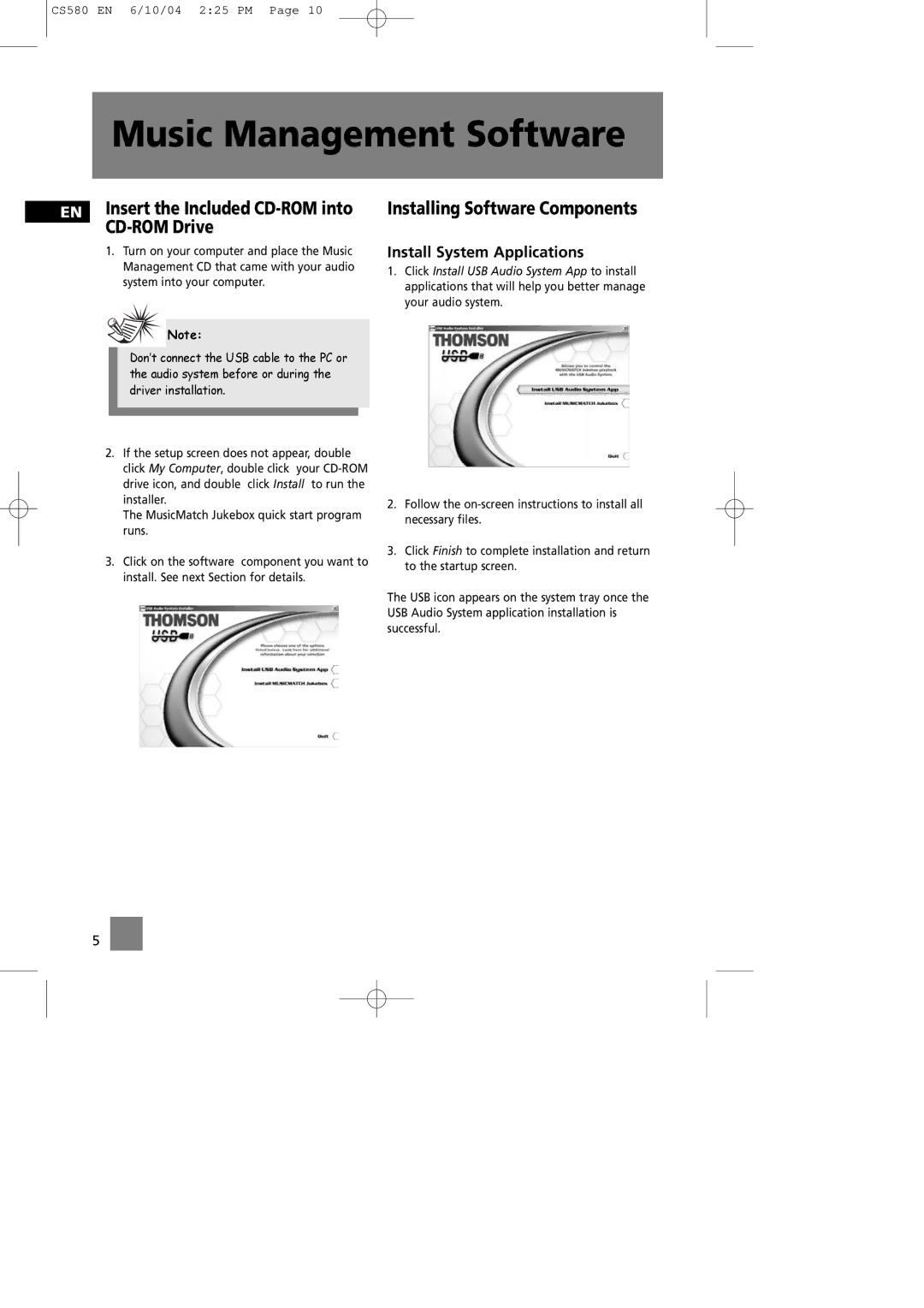 Technicolor - Thomson CS580 manual Music Management Software, EN Insert the Included CD-ROM into CD-ROM Drive 