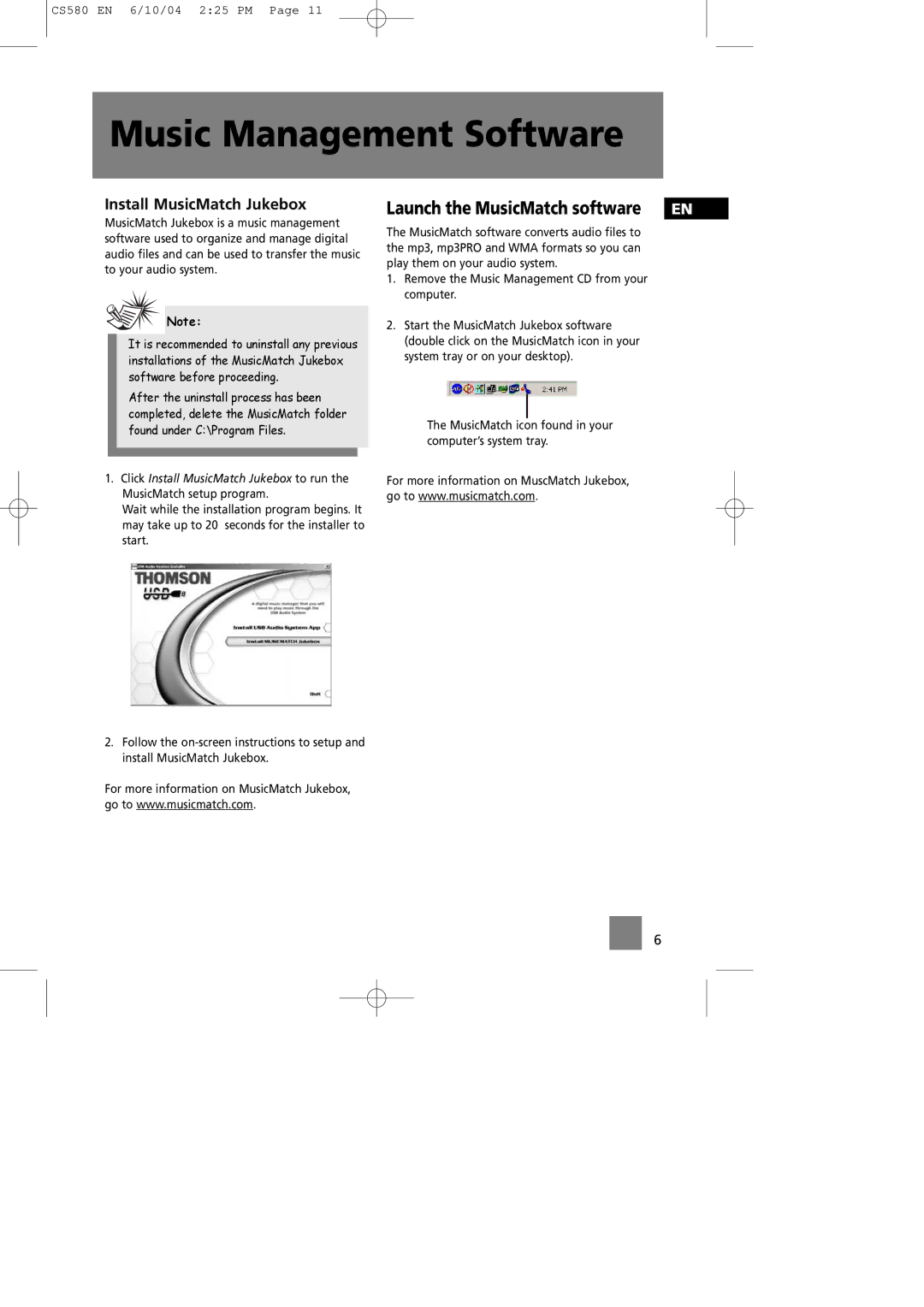 Technicolor - Thomson CS580 manual Launch the MusicMatch software, Install MusicMatch Jukebox 
