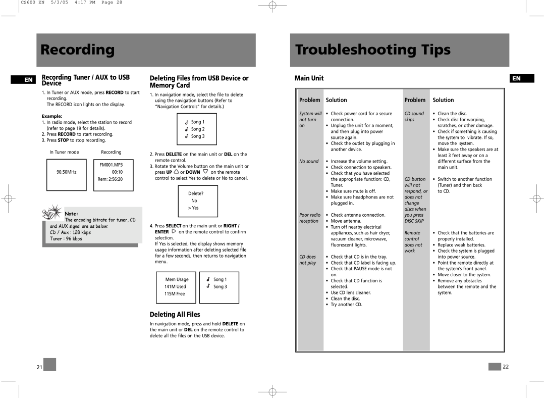 Technicolor - Thomson CS600 Troubleshooting Tips, Recording Tuner / AUX to USB, Device, Deleting All Files, Main Unit 