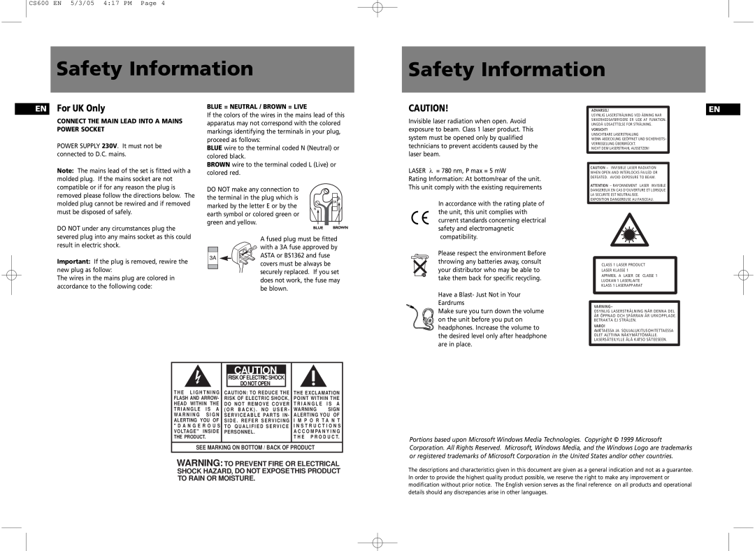 Technicolor - Thomson Safety Information, EN For UK Only, CS600 EN 5/3/05 4 17 PM Page, Blue = Neutral / Brown = Live 