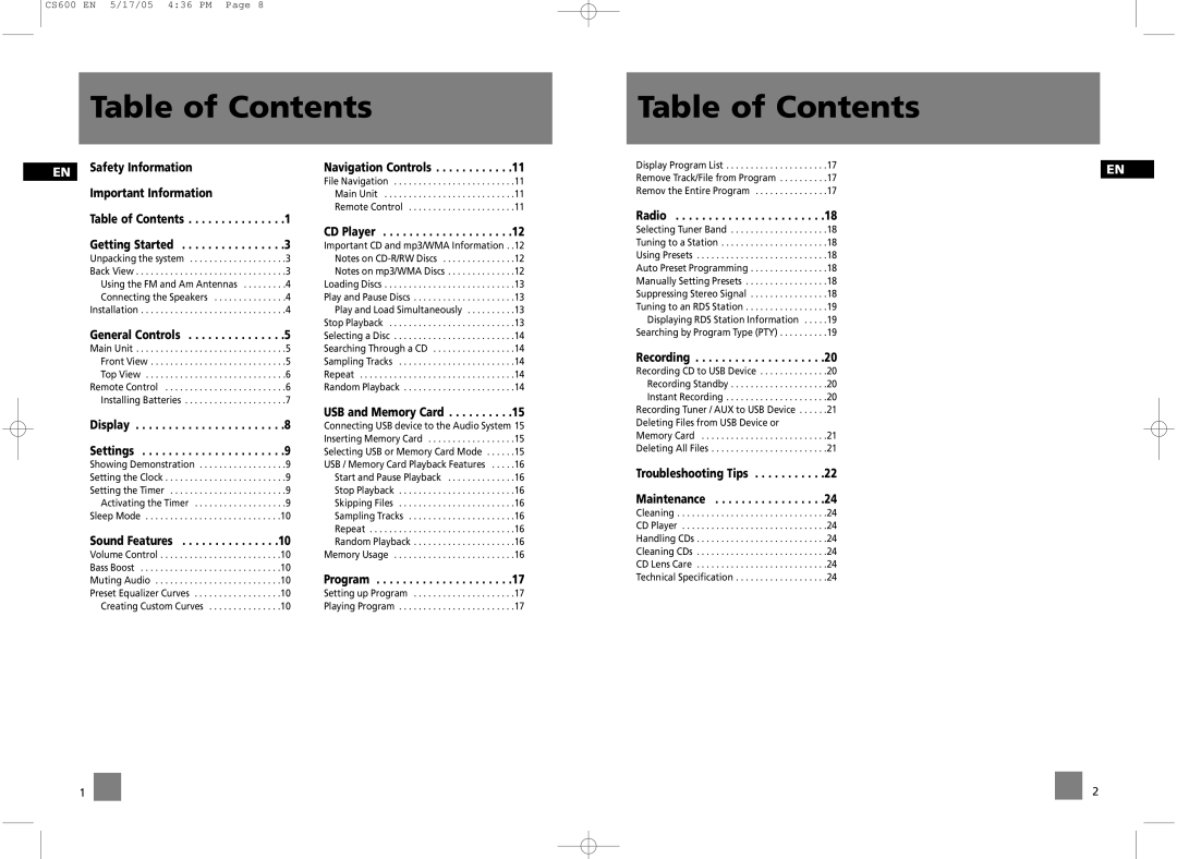 Technicolor - Thomson user manual Table of Contents, CS600 EN 5/17/05 4 36 PM Page 