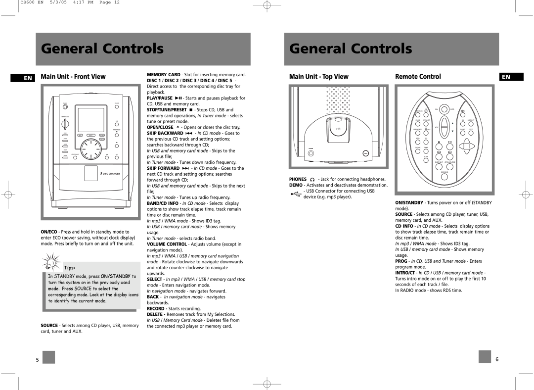 Technicolor - Thomson CS600 General Controls, EN Main Unit - Front View, Main Unit - Top View, Remote Control, Tips 