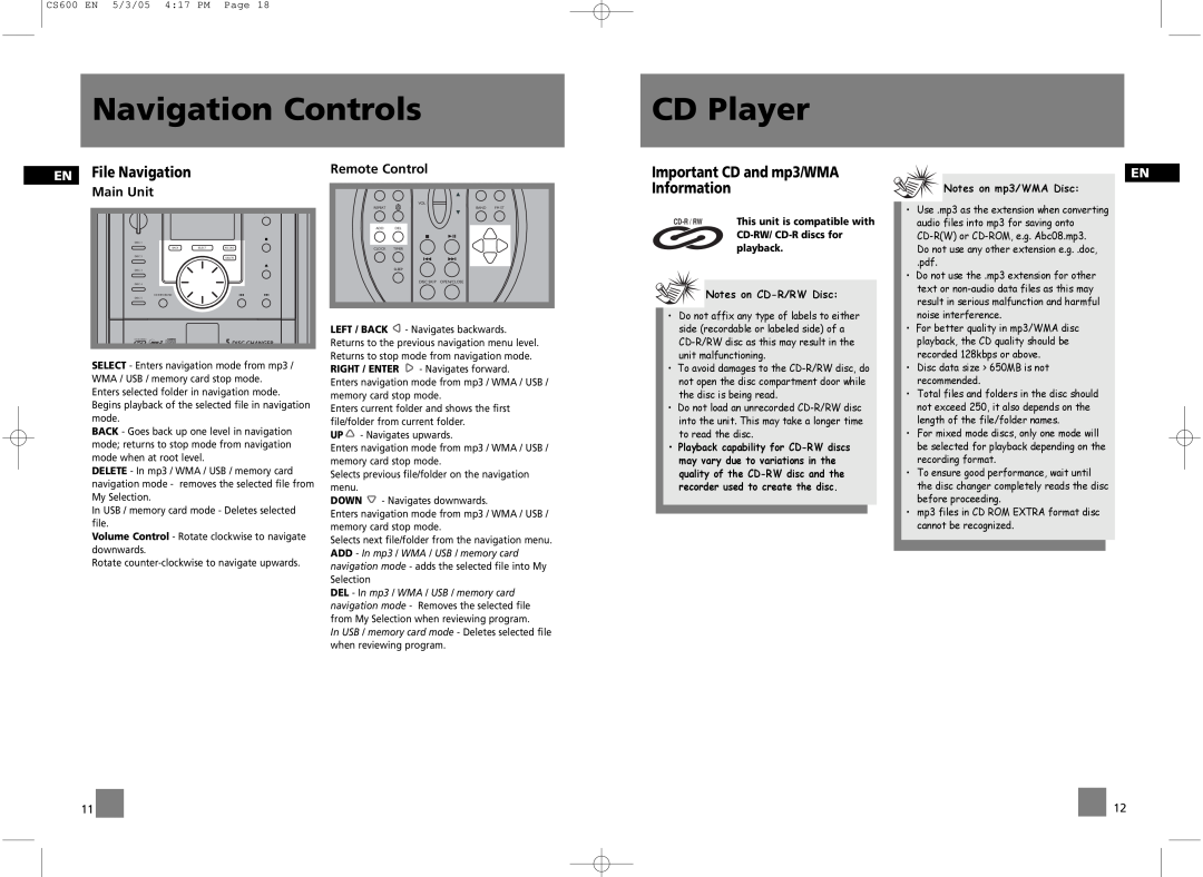 Technicolor - Thomson CS600 Navigation Controls, CD Player, EN File Navigation, Main Unit, Notes on CD-R/RWDisc, playback 