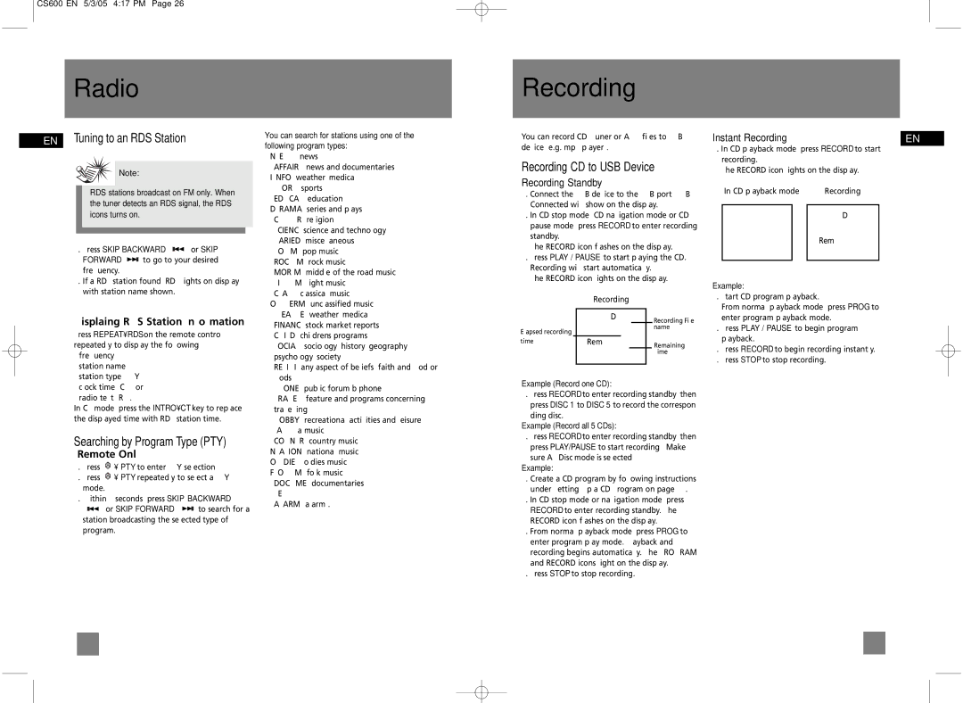 Technicolor - Thomson CS600 user manual Radio Recording, EN Tuning to an RDS Station, Displaying RDS Station Information 