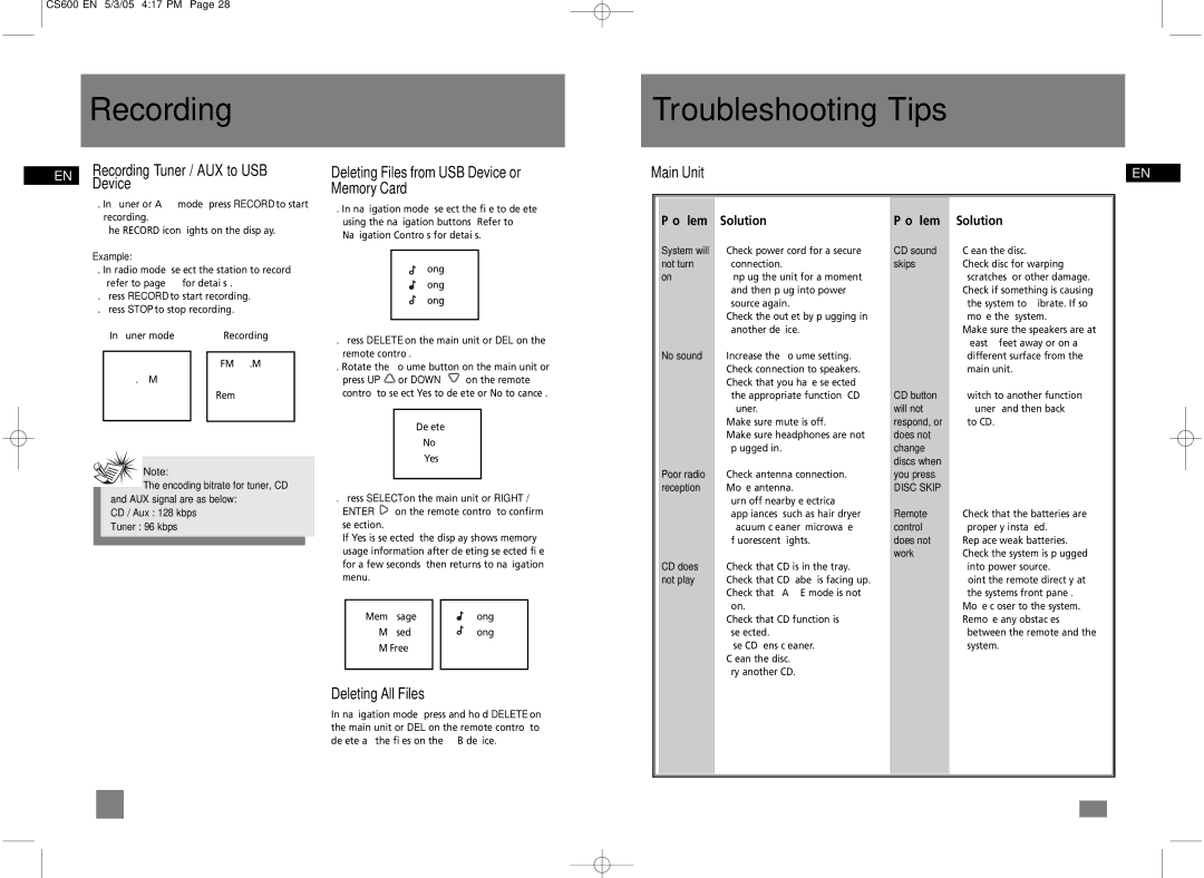 Technicolor - Thomson CS600 user manual Troubleshooting Tips, Recording Tuner / AUX to USB, Device, Deleting All Files 