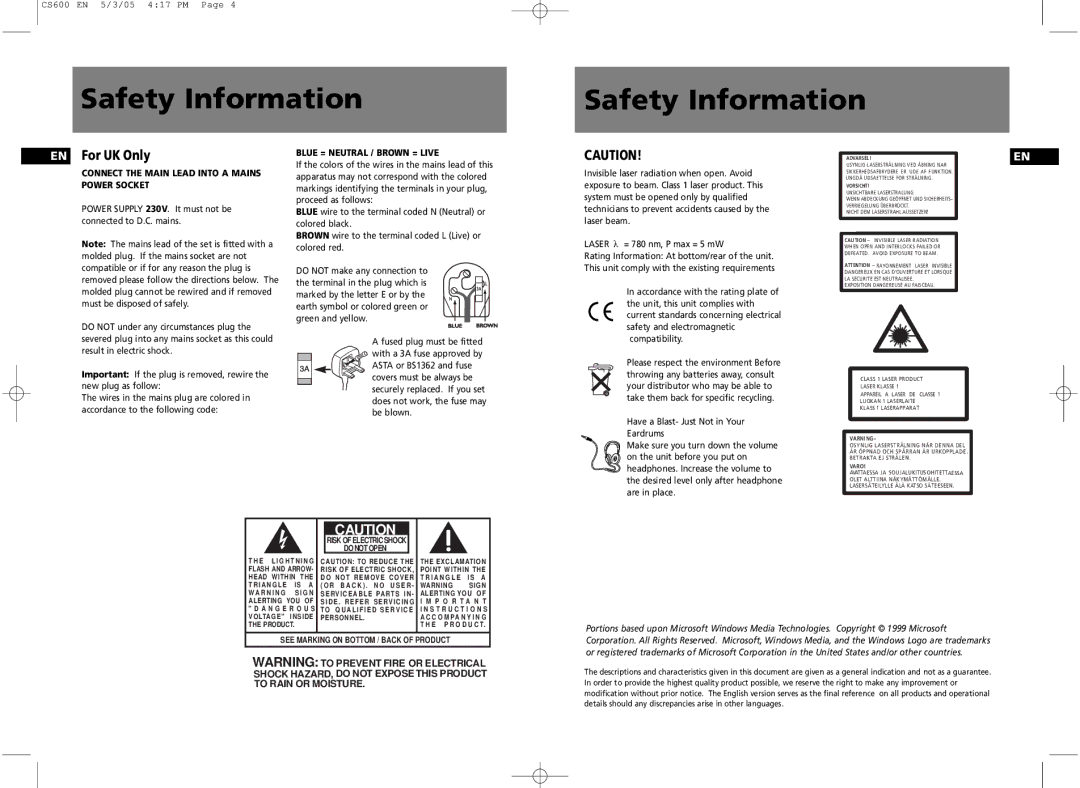 Technicolor - Thomson CS600 user manual Safety Information, EN For UK Only 