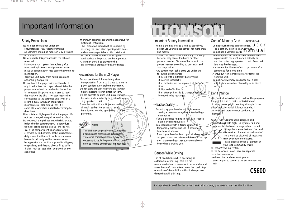 Technicolor - Thomson CS600 user manual Important Information 