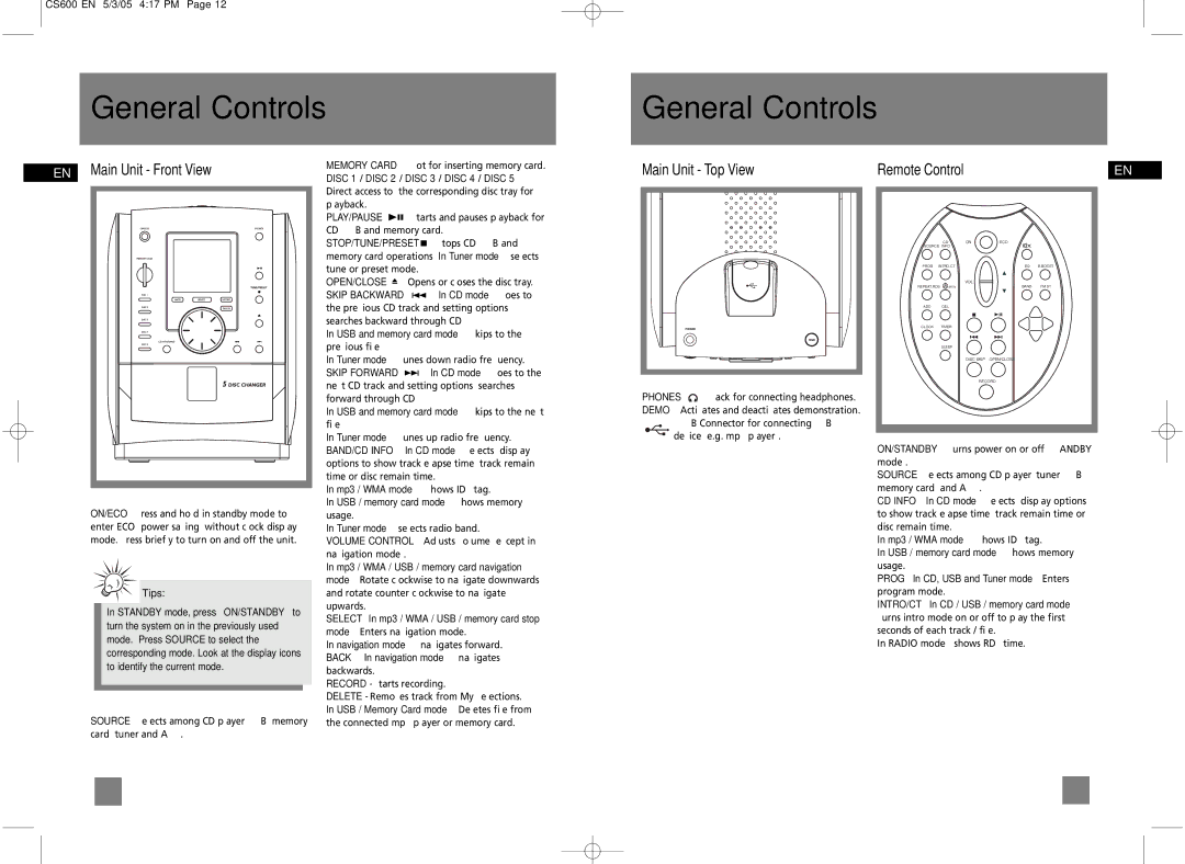 Technicolor - Thomson CS600 user manual General Controls, EN Main Unit Front View, Main Unit Top View Remote Control 