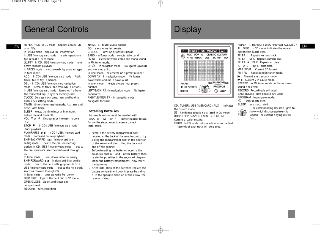 Technicolor - Thomson CS600 user manual General Controls Display, Installing Batteries 