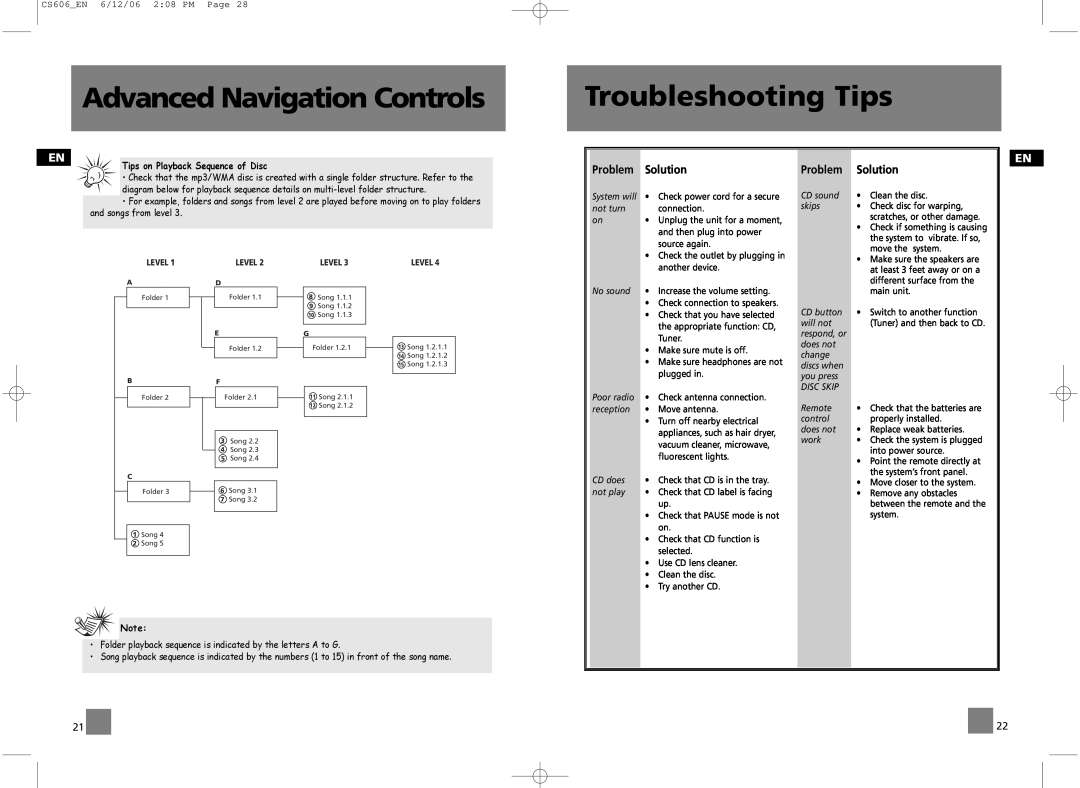 Technicolor - Thomson CS606 user manual Troubleshooting Tips, Advanced Navigation Controls, Problem, Solution 