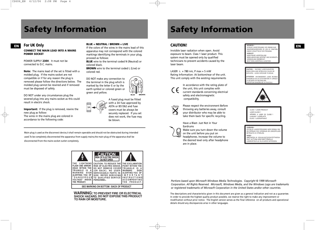 Technicolor - Thomson user manual Safety Information, EN For UK Only, CS606 EN 6/12/06 2 08 PM Page 