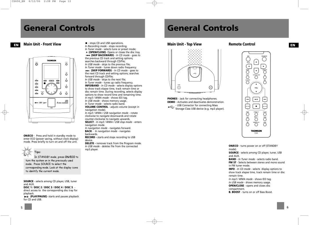 Technicolor - Thomson CS606 General Controls, EN Main Unit - Front View, Main Unit - Top View, Remote Control, Tips 