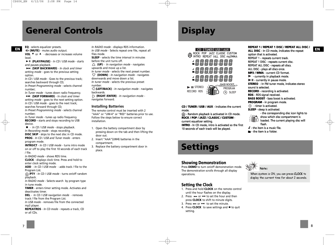 Technicolor - Thomson CS606 user manual Display, Settings, Installing Batteries, Showing Demonstration, Setting the Clock 