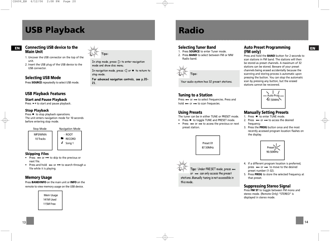 Technicolor - Thomson CS606 user manual USB Playback, Radio 