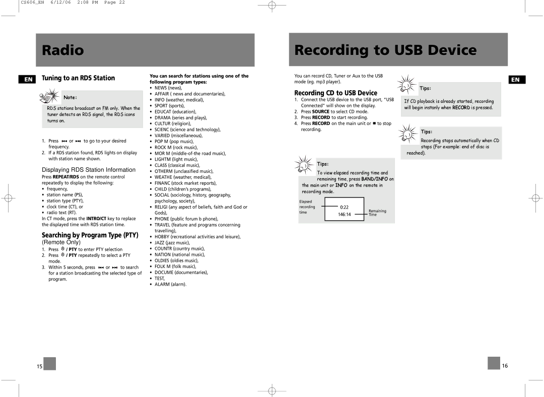 Technicolor - Thomson CS606 Radio Recording to USB Device, EN Tuning to an RDS Station, Displaying RDS Station Information 