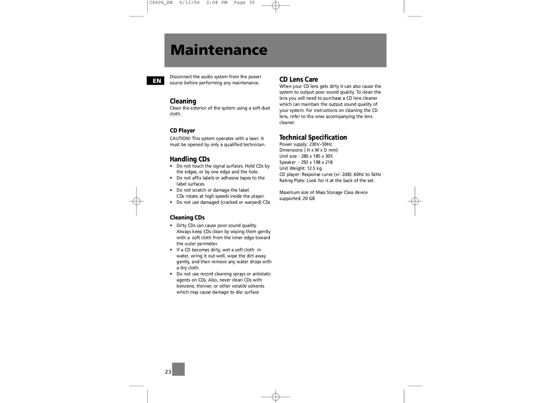 Technicolor - Thomson CS606 user manual Maintenance, Cleaning, Handling CDs, CD Lens Care, Technical Specification 