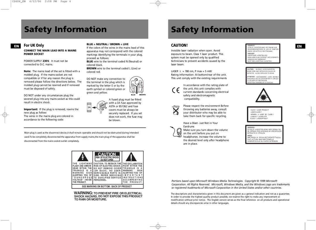 Technicolor - Thomson CS606 user manual Safety Information, EN For UK Only, Have a Blast- Just Not in Your Eardrums 