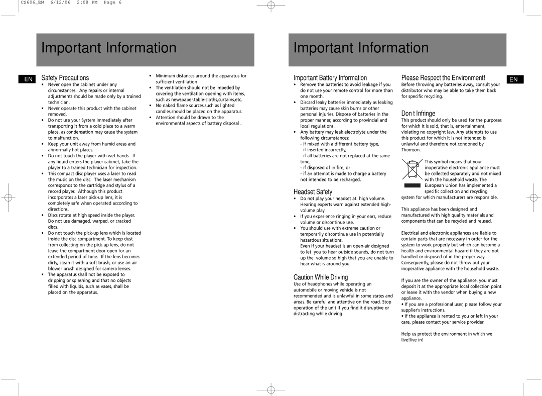 Technicolor - Thomson CS606 user manual Important Information 