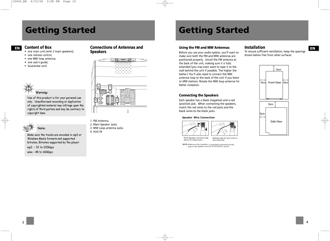 Technicolor - Thomson CS606 user manual Getting Started, EN Content of Box Connections of Antennas, Speakers, Installation 