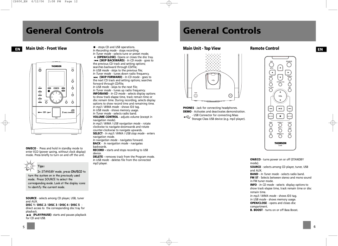 Technicolor - Thomson CS606 user manual General Controls, EN Main Unit Front View, Main Unit Top View Remote Control 