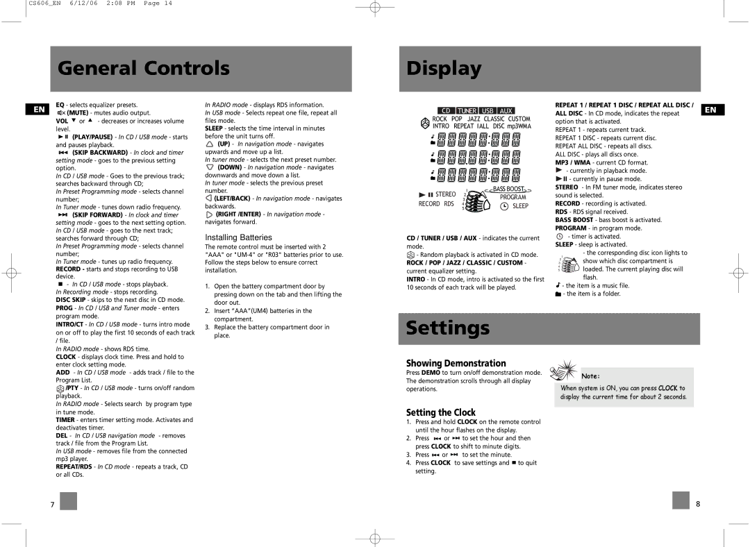 Technicolor - Thomson CS606 user manual General Controls Display, Settings, Installing Batteries, Showing Demonstration 