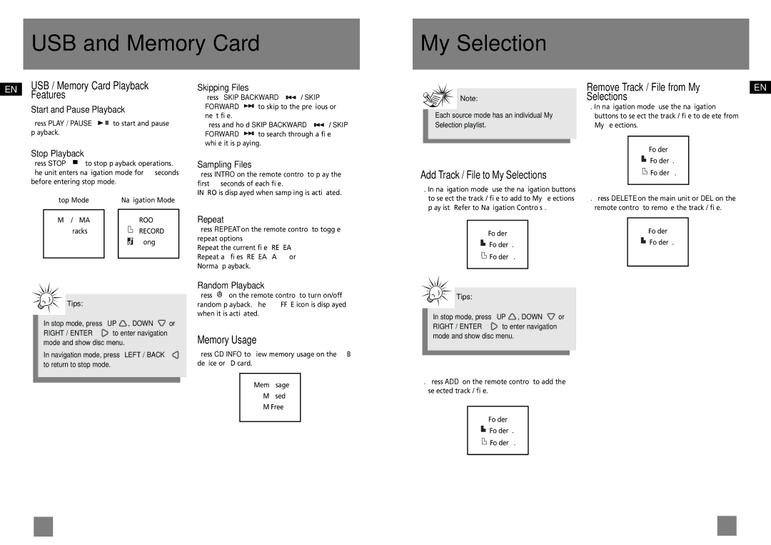 Technicolor - Thomson CS700 USB and Memory Card My Selection, USB / Memory Card Playback, Features, Memory Usage 