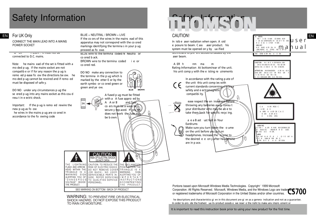 Technicolor - Thomson CS700 user manual Safety Information, EN For UK Only, Connect the Main Lead Into a Mains Power Socket 