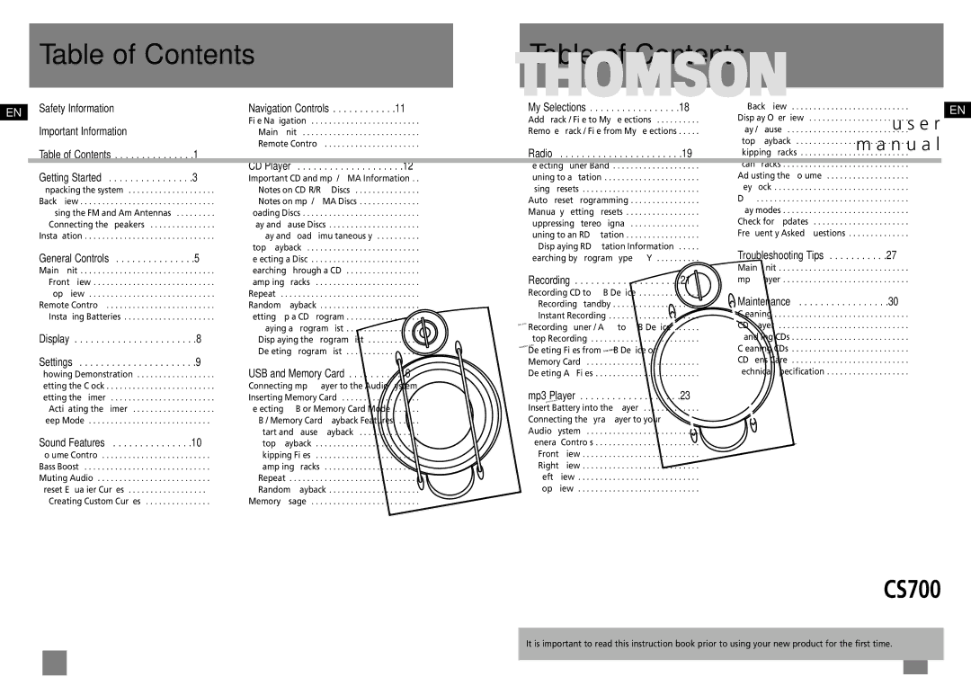 Technicolor - Thomson CS700 user manual Table of Contents 