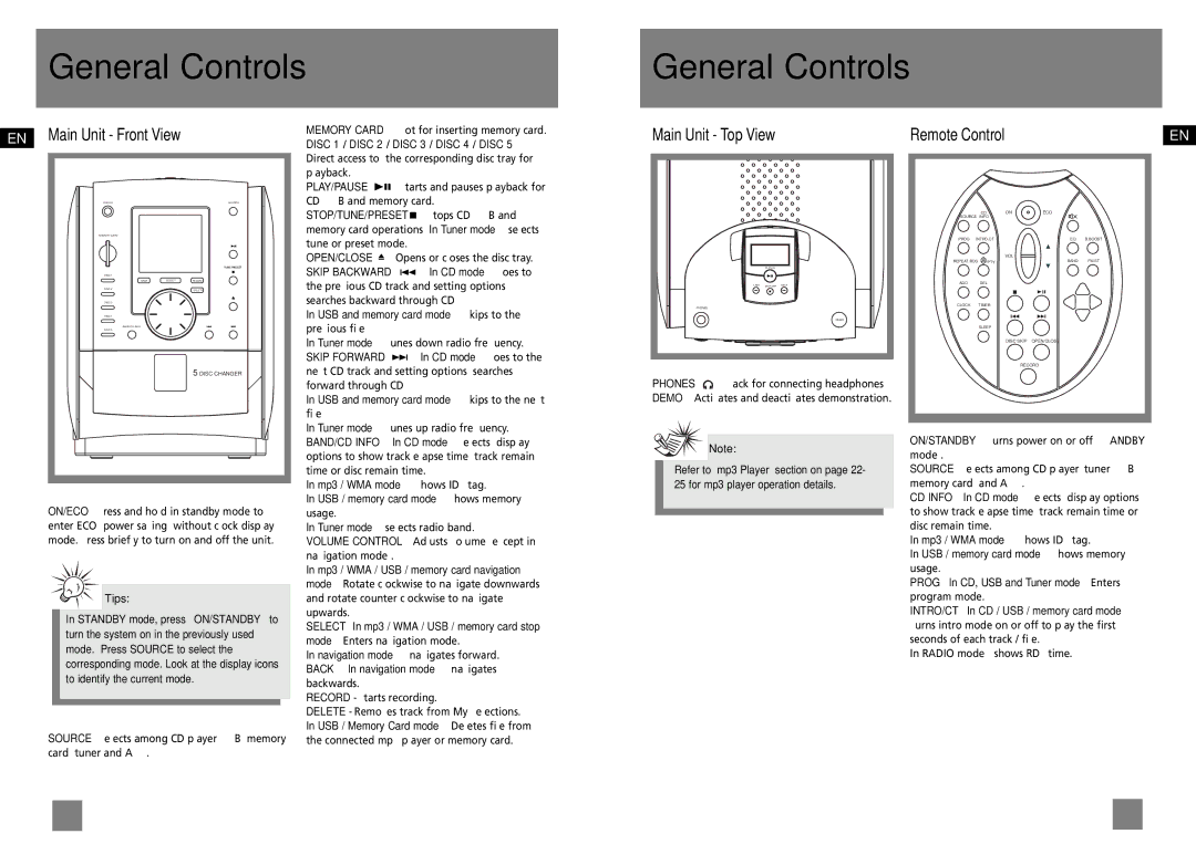 Technicolor - Thomson CS700 user manual General Controls, EN Main Unit Front View, Main Unit Top View Remote Control 