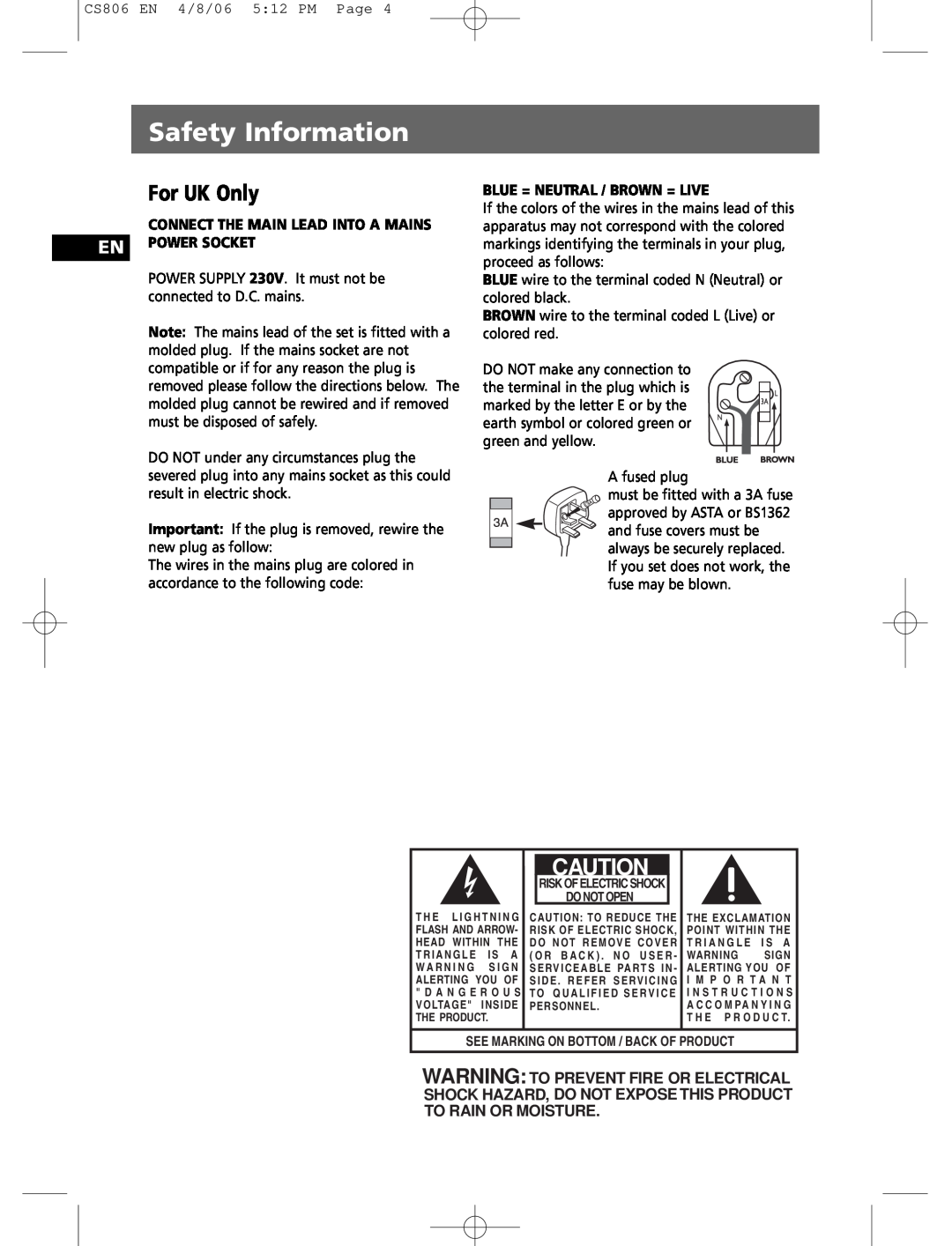 Technicolor - Thomson CS806 user manual Safety Information, For UK Only 