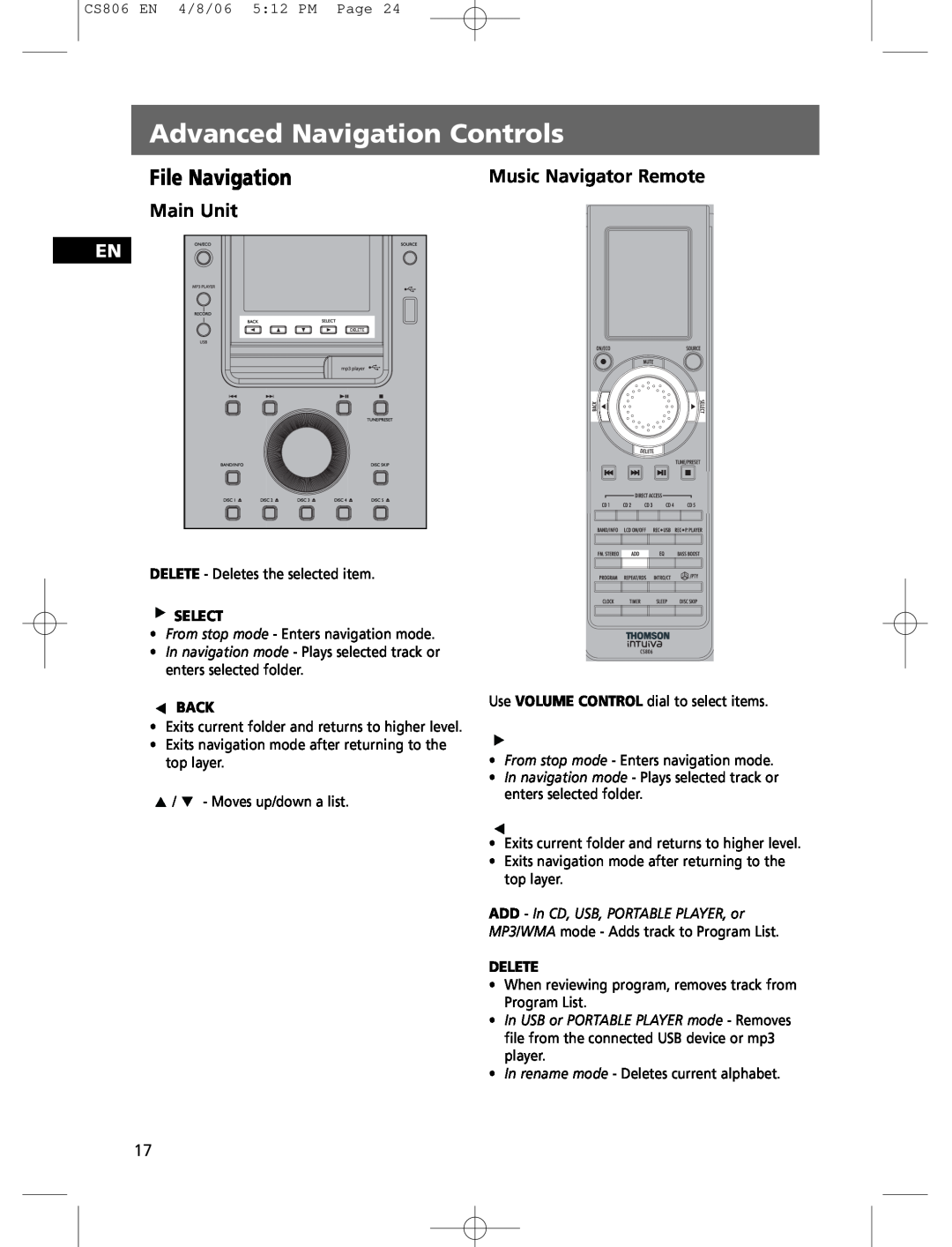 Technicolor - Thomson CS806 user manual Advanced Navigation Controls, File Navigation 