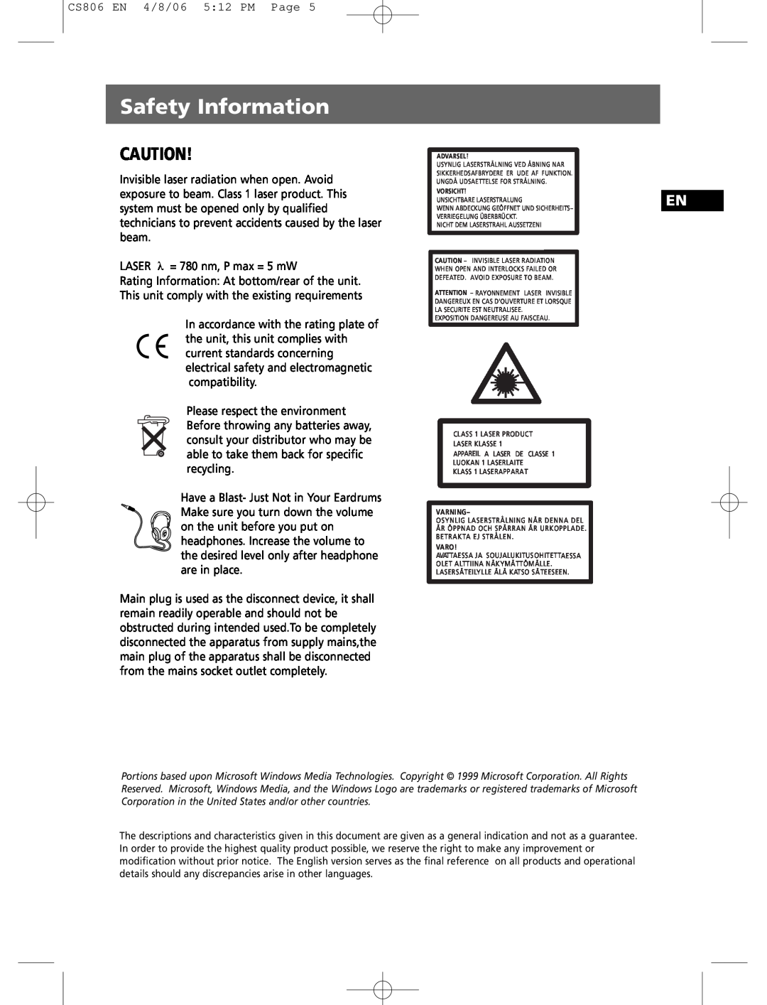 Technicolor - Thomson CS806 user manual Safety Information 