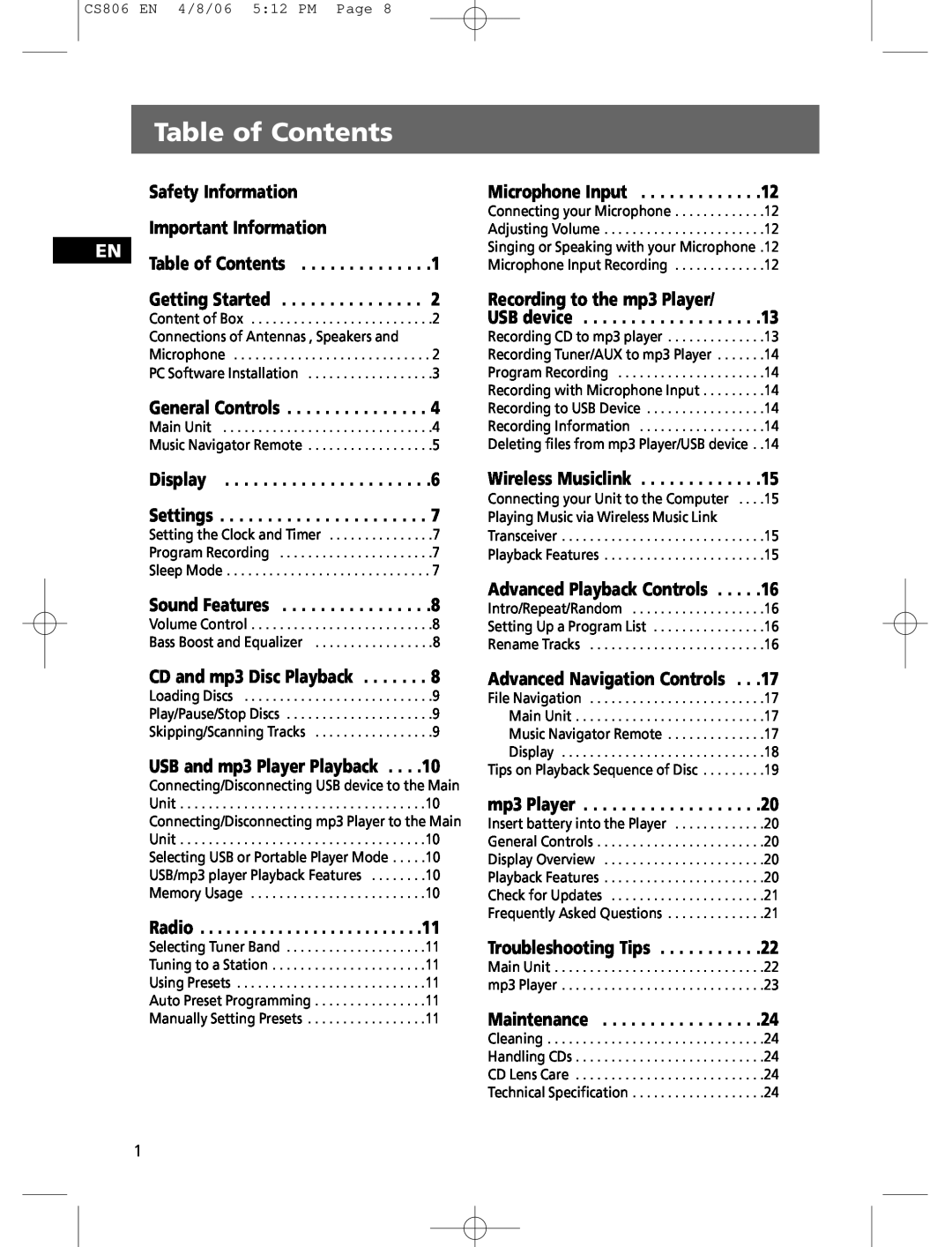 Technicolor - Thomson CS806 user manual Table of Contents 
