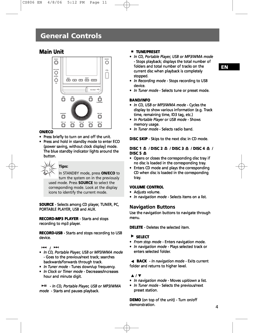 Technicolor - Thomson CS806 user manual General Controls, Main Unit 