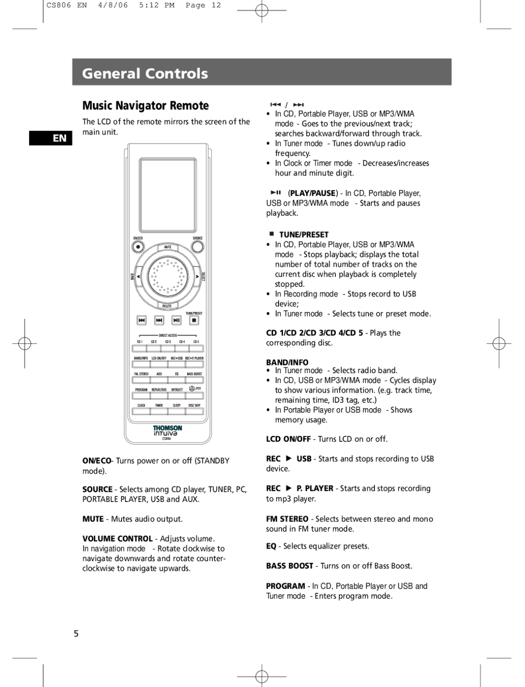 Technicolor - Thomson CS806 Music Navigator Remote, Mute Mutes audio output, Tuner mode Tunes down/up radio frequency 