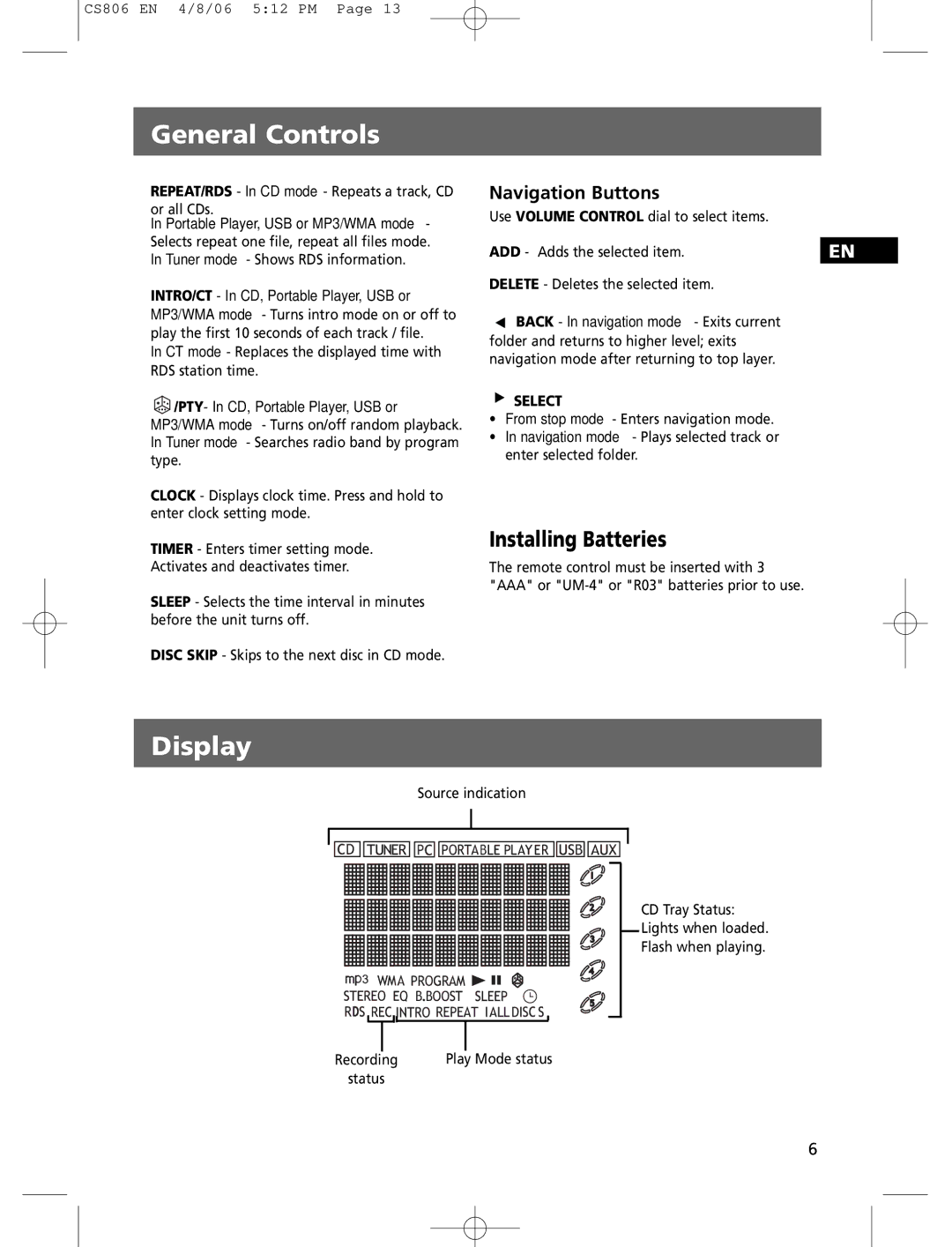 Technicolor - Thomson CS806 user manual Display, Installing Batteries, ADD Adds the selected item 