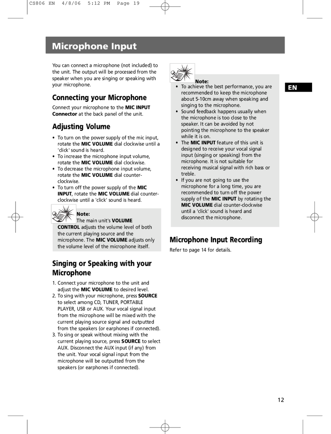 Technicolor - Thomson CS806 user manual Connecting your Microphone, Adjusting Volume, Microphone Input Recording 