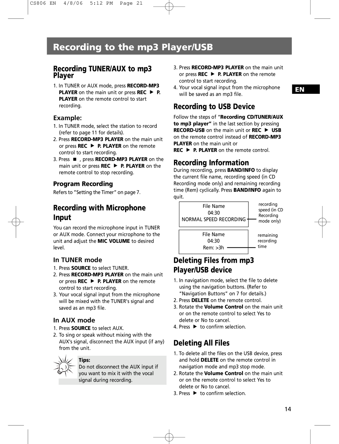 Technicolor - Thomson CS806 user manual Recording TUNER/AUX to mp3 Player, Recording to USB Device, Recording Information 